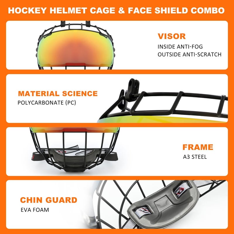 GY Hockey Helmet Cage & Face Shield Protector Combo Ice Hockey Full Face Shield Junior & Youth - Image 2